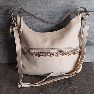 Nicole Miller Tan Cream Shoulder Crossbody Tote Purse Hand Bag Embroidered